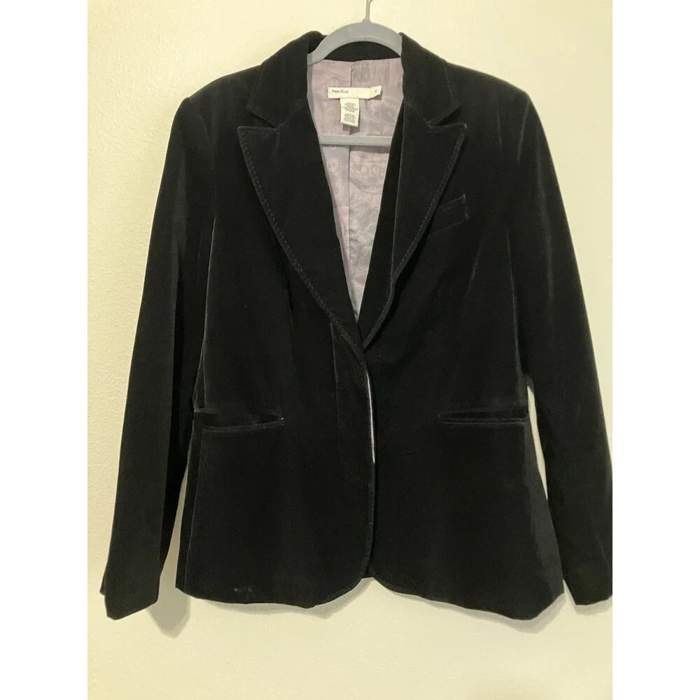 Perry Ellis VTG Black Velvet Blazer Pockets Classic Hong Kong Size 10 Medium